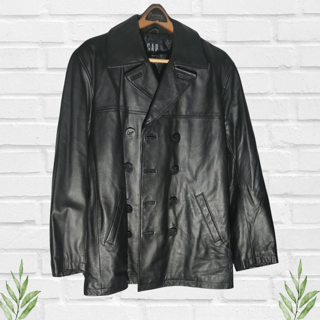 Gap Gap Men's Black Leather Y2k Vintage Peacoat Overcoat Size M Size US M / EU 48-50 / 2 - 1 Thumbnail
