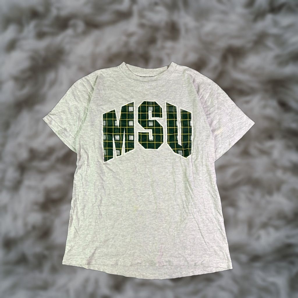 Gildan VINTAGE MSU Michigan State University T-Shirt Large Gray Plaid Block Logo Shirt Mens XL Gray MSU Logo 90s University Size US XL / EU 56 / 4 - 1 Thumbnail