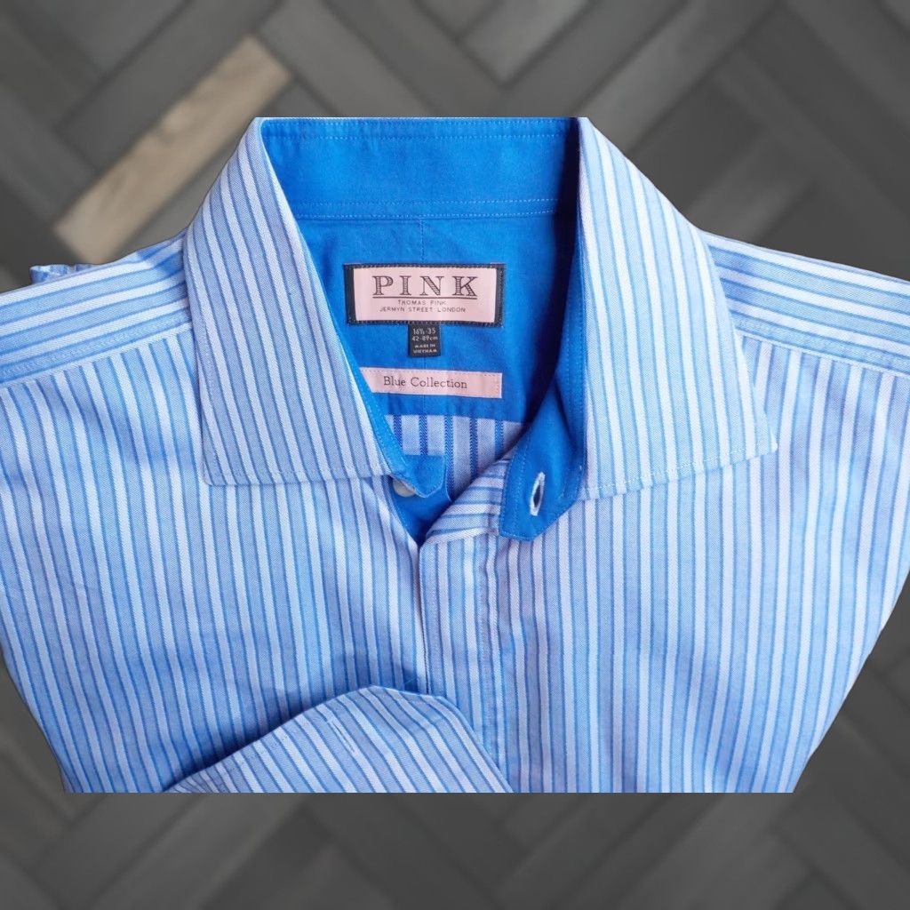Vintage PINK by Thomas Pink Striped Dress Shirt Blue 161/2-35 French Cuff Spread Collar, 100% Cotton, Regular Fit, Dress Shirt, Size 16 1/2 Size 42R - 1 Thumbnail
