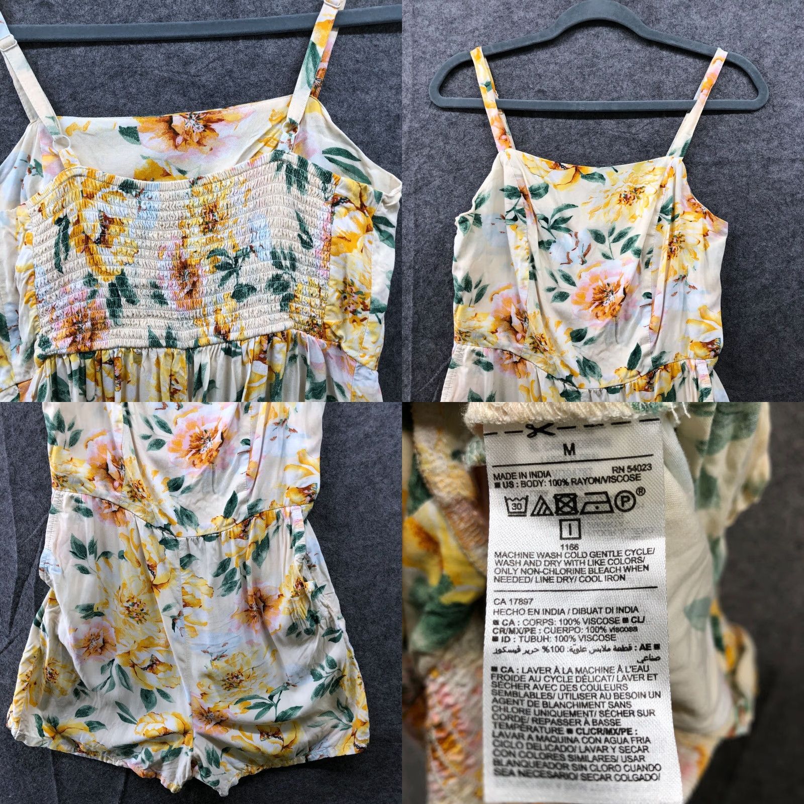 Old Navy VINTAGE Old Navy Floral Sleeveless Romper Women's M Yellow Rayon Smocked Wide-Leg Casual Size 32" / US 10 / IT 46 - 8 Thumbnail