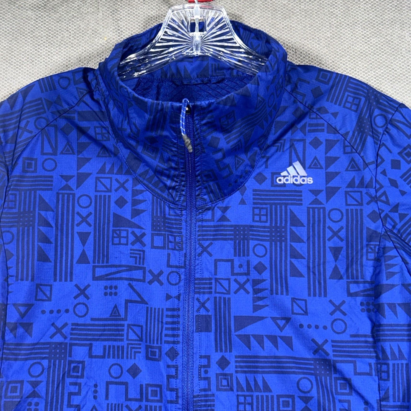Adidas Jacket Windbreaker Geometric Full Zip Blue M Womens Running Activewear Vented Pocket Windbreaker