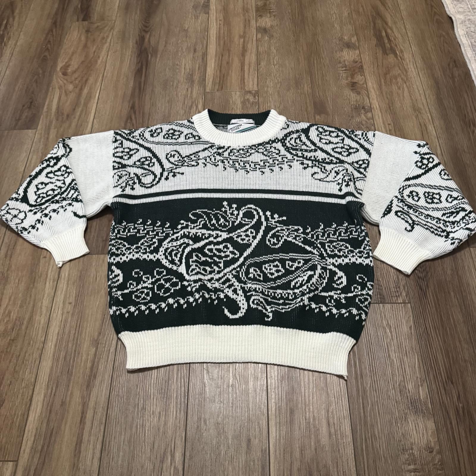 Other Vintage 80s Paisley Knit Holiday Sweater Dark Green & White Size US L / EU 52-54 / 3 - 1 Thumbnail