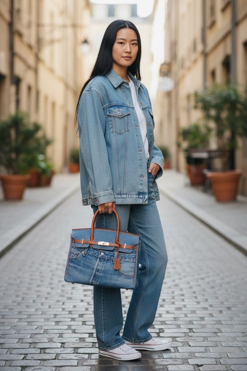 Handmade VINTAGE DENIM HANDMADE BIRKIN STYLE HANDBAG Size ONE SIZE - 1 Thumbnail