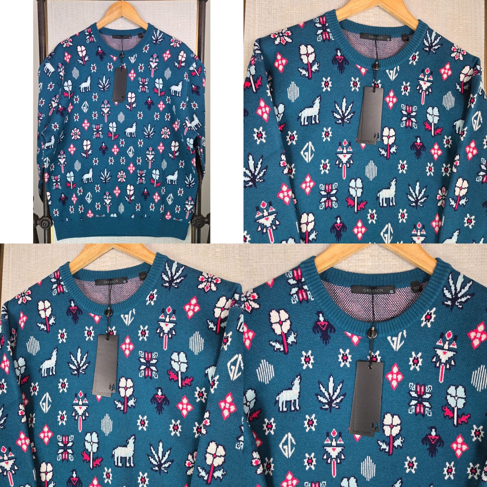 Vintage Greyson Mens Crew Neck Wool/Cashmere Blend Sweater XL Sea Green Casual All Seasons Geometric Aztec Western Theme Pullover Long Sleeve Regular Fit Size US XL / EU 56 / 4 - 9 Thumbnail