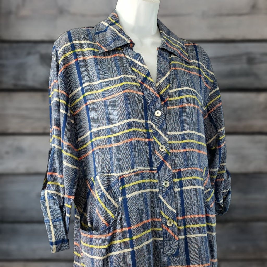 Vintage Plenty by Tracy Reese Womens Tunic Top Sz S Plaid Blue Yellow Long Sleeve Collared Casual Blouse Size S / US 4 / IT 40 - 1 Thumbnail