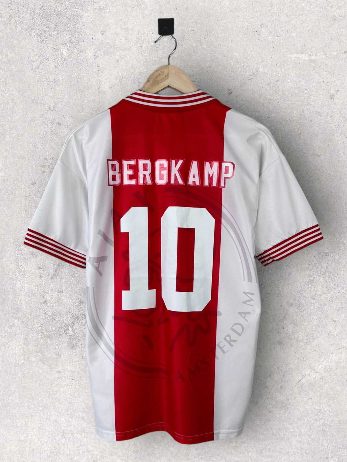image of Vintage 1996-1997 Umbro Ajax Bergkamp 10 Soccer Jersey in White Red, Men's (Size Small)