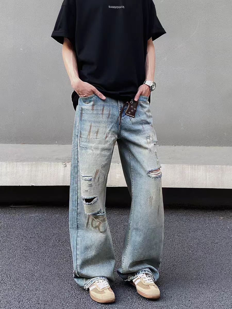 Designer × Jean × Vintage Vintage dirty-dyed graffiti ripped baggy jeans Size US 34 / EU 50 - 5 Thumbnail