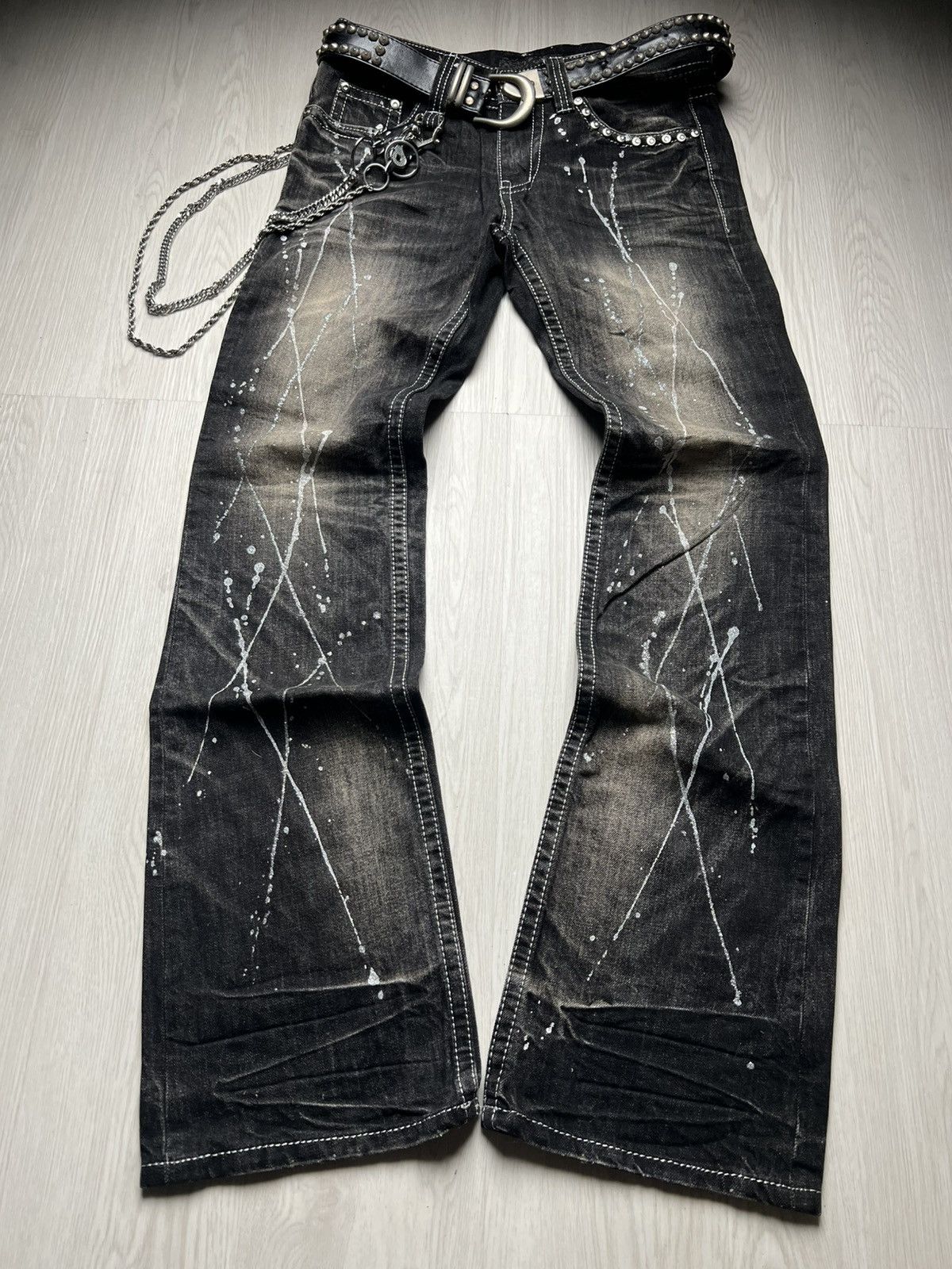 14th Addiction Xfrm Studded Swarovski Mudwash Flared Jeans Size US 30 / EU 46 - 2 Thumbnail