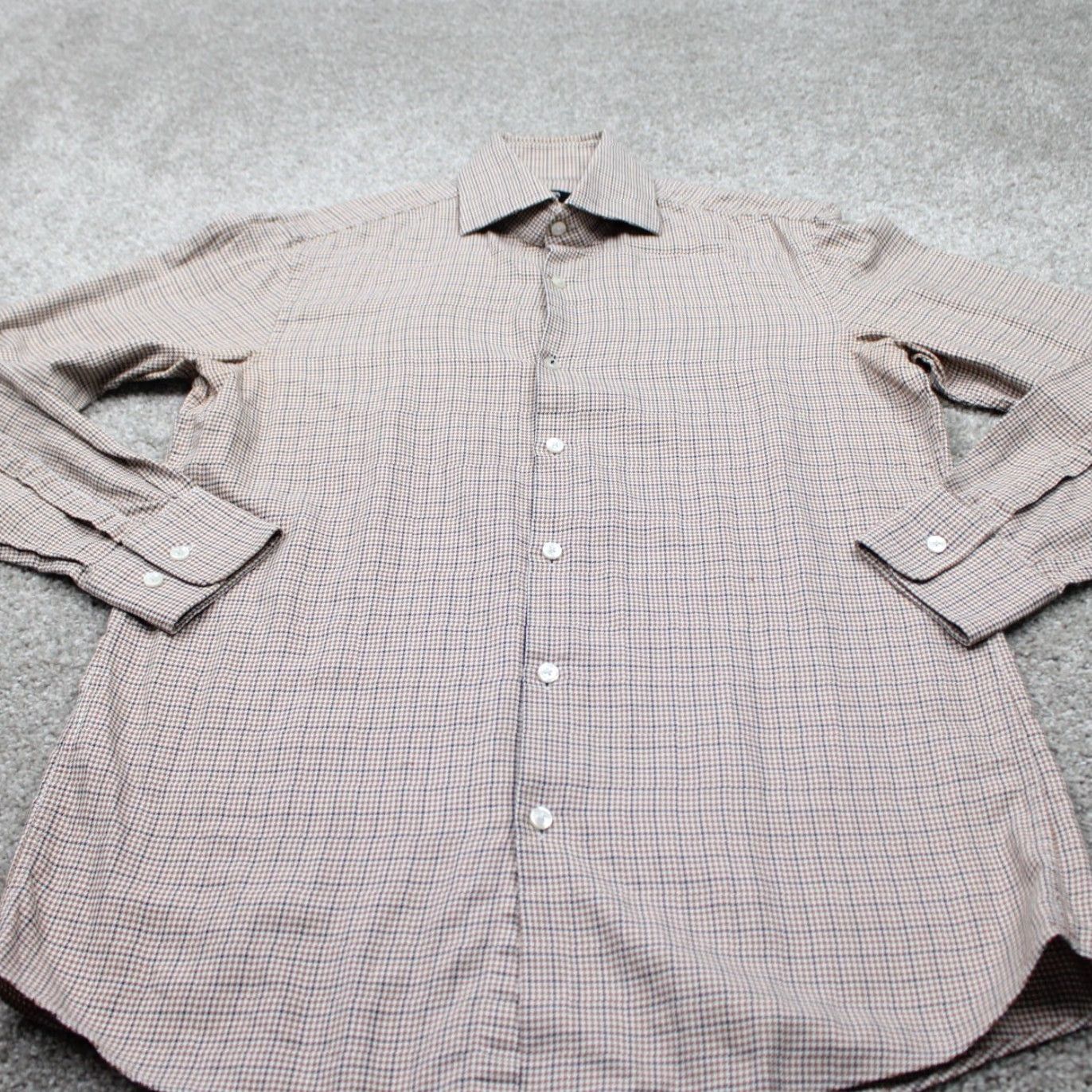 Hugo Boss HUGO BOSS Dress Shirt Mens 15 32/33 Brown White Cotton L/S Button Collar Check 21 in Chest Size 40R - 3 Thumbnail