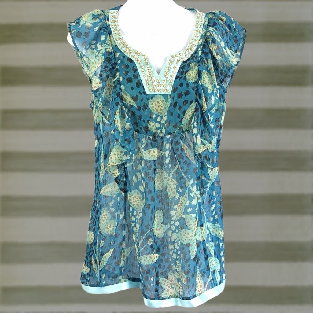 Vintage VINTAGE NY Collection Blouse Shirt S Blue Floral Beads Ruffles Satin Trim Chiffon Bohemian Hippie Size S / US 4 / IT 40 - 1 Thumbnail
