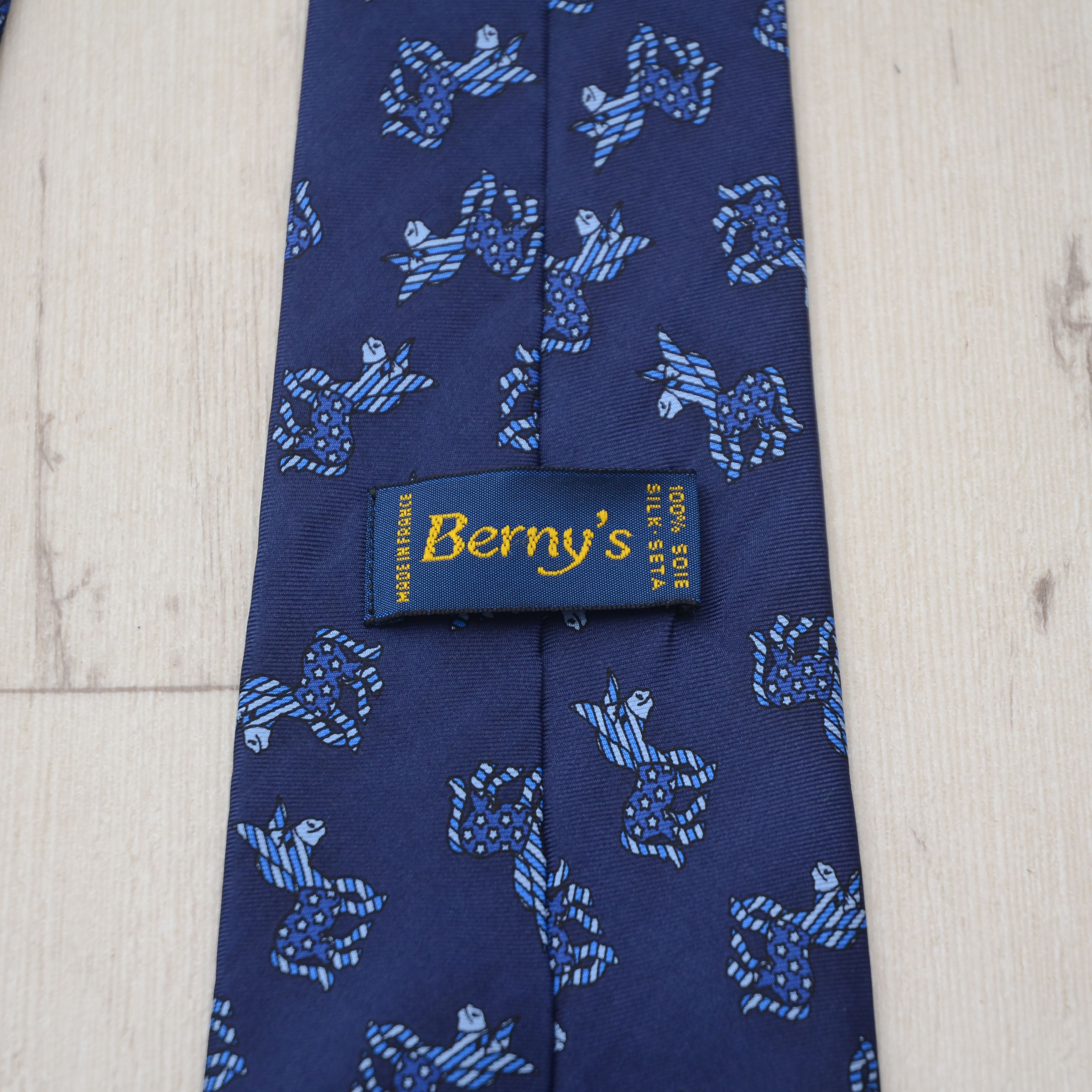 Vintage Berny’s Blue Silk Tie Print Ass Animals Design Made France Size ONE SIZE - 2 Thumbnail