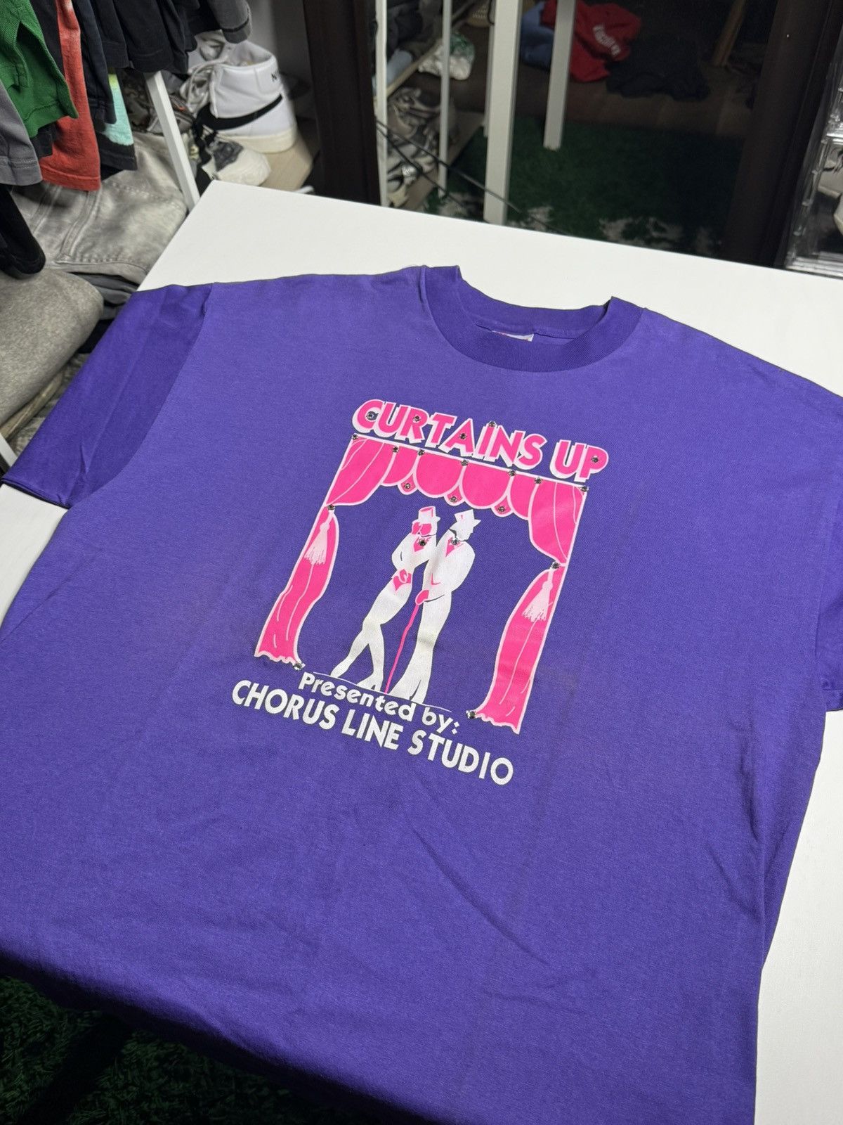 Vintage VINTAGE 1990's Rhinestone Curtains Up Tee “Purple” (XL) DS Size US XL / EU 56 / 4 - 1 Thumbnail