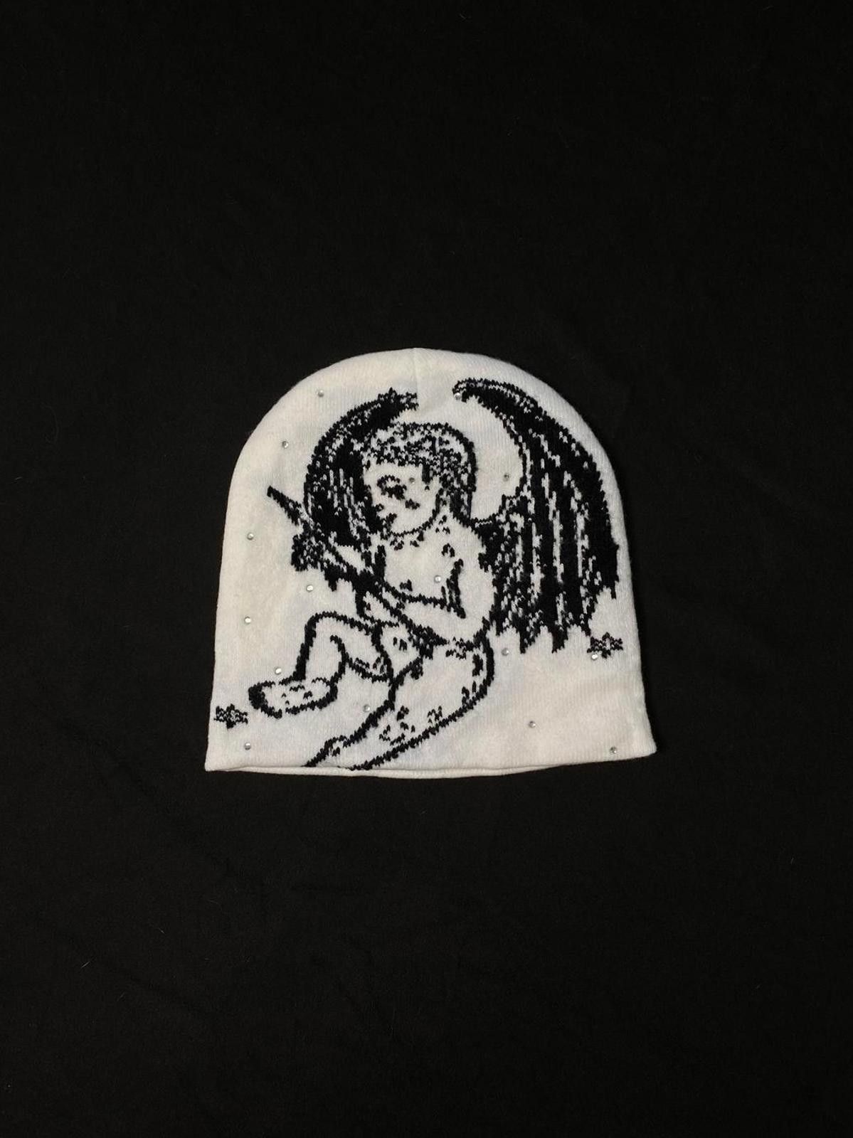Japanese Brand Rare Black Angel Graphic No Cuff Knit Beanie Hats OS Size ONE SIZE - 1 Thumbnail