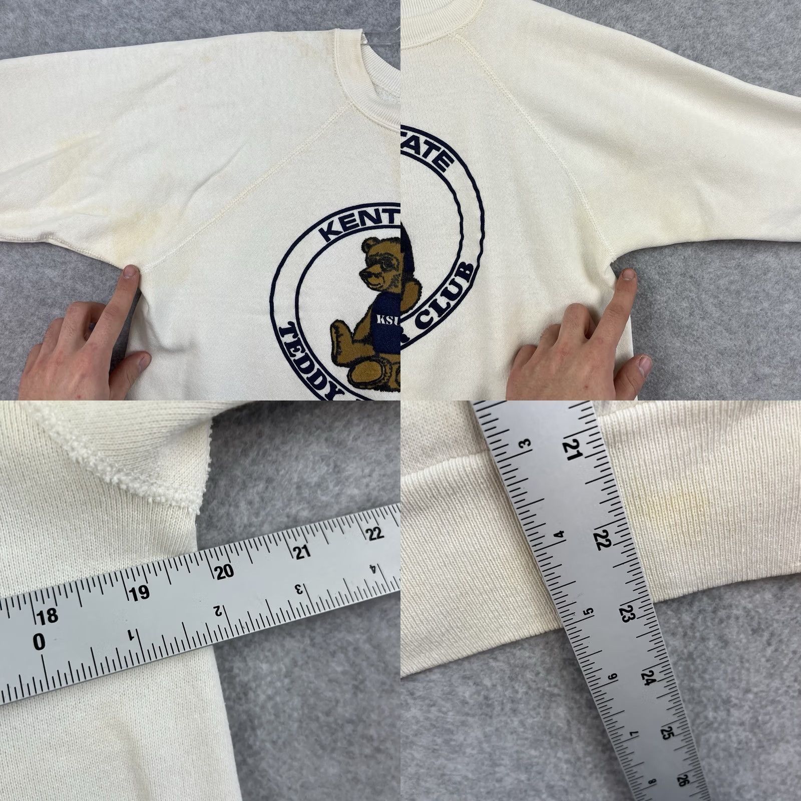 Velva Sheen VINTAGE Velva Sheen Sweatshirt Raglan Kent State 80s Teddy Bear Velvet White Mens M Size US M / EU 48-50 / 2 - 8 Thumbnail