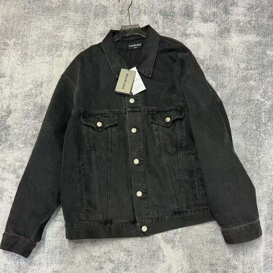 image of Balenciaga Spray Paint Bb Logo Denim Jacket in Black Denim, Men's (Size Small)