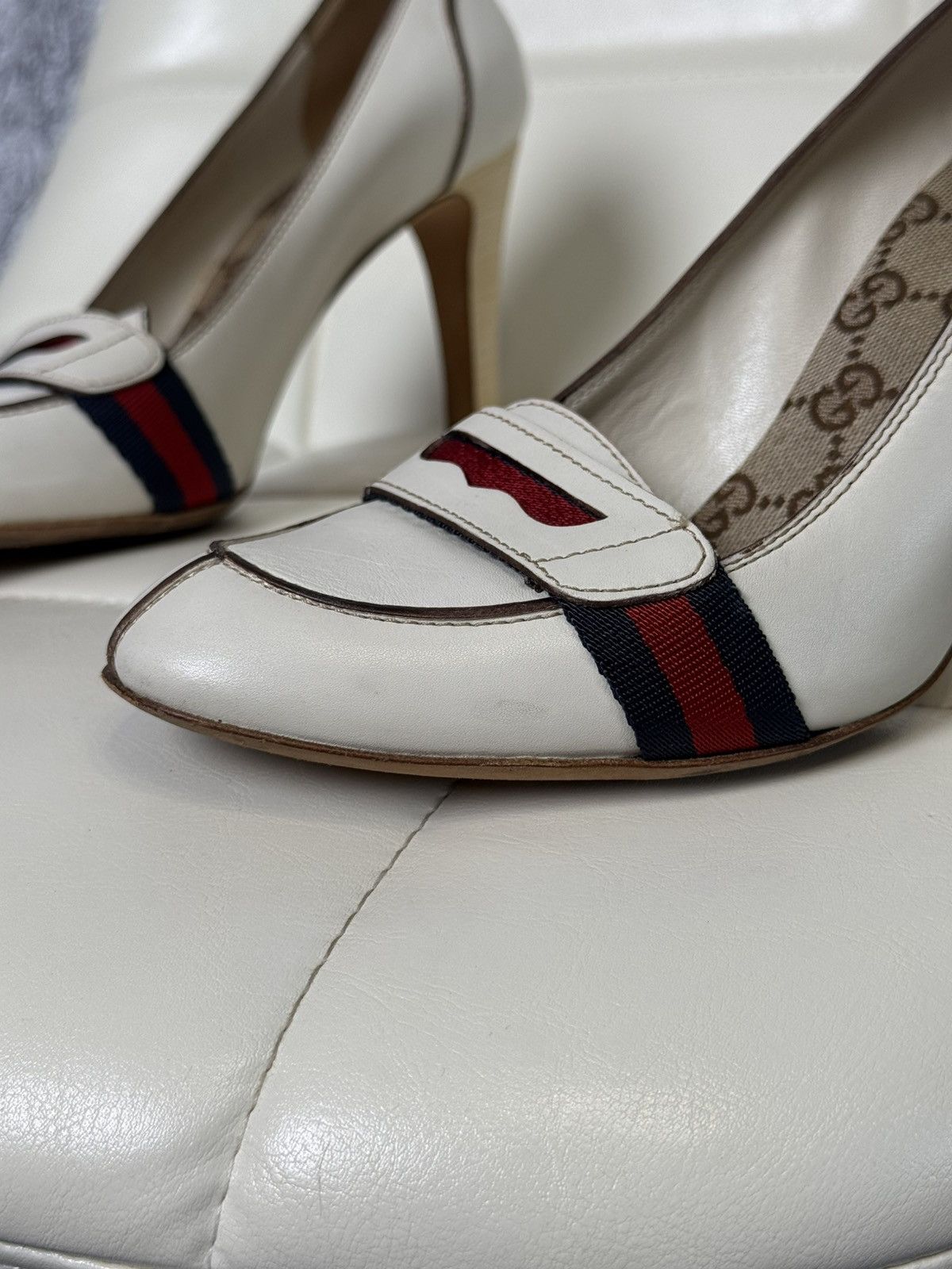 Gucci Gucci Leather Lifford Penny Loafer Pumps Web Stripe Heels Size US 9.5 / IT 39.5 - 3 Thumbnail