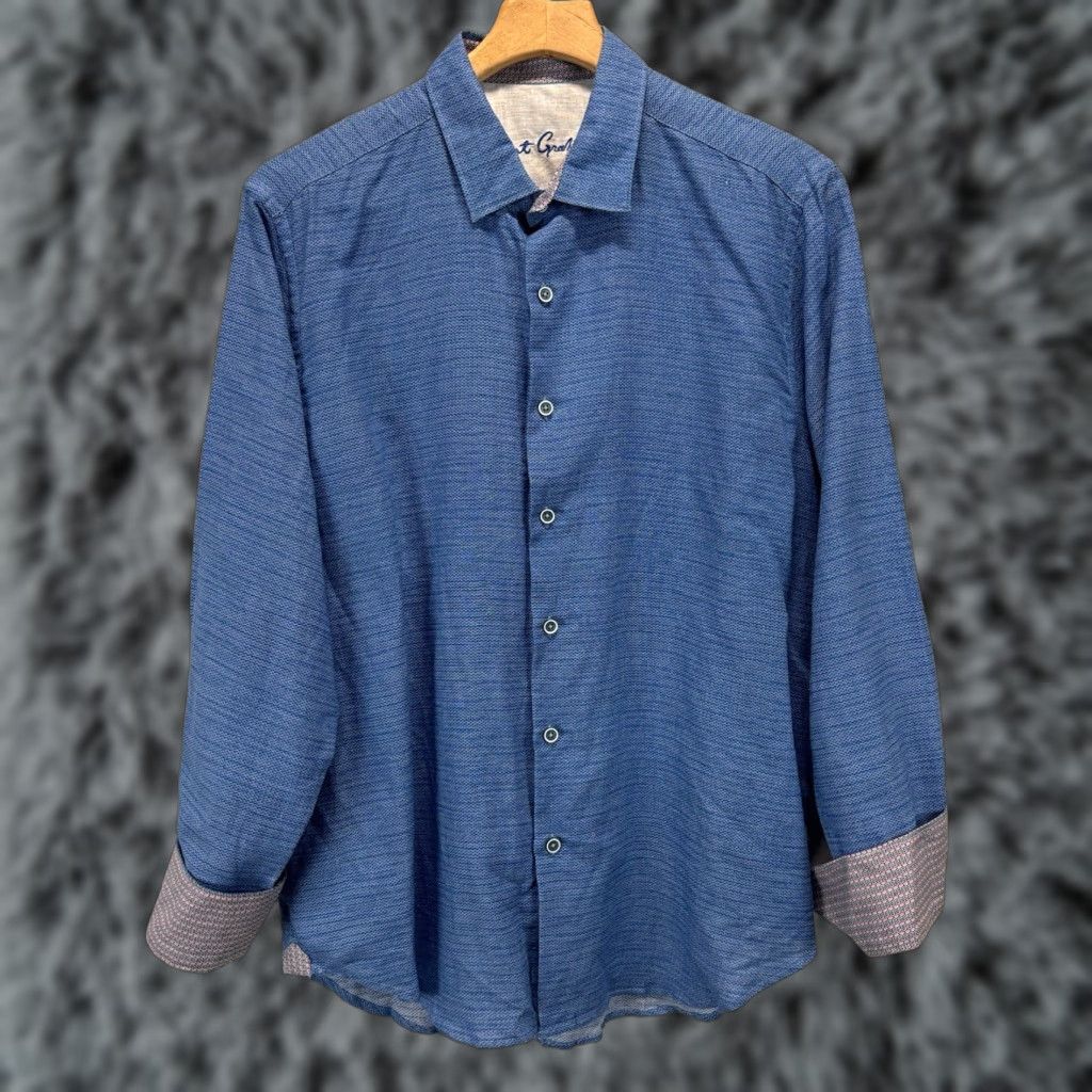 Robert Graham Robert Graham Mens Large Sz Blue Linen Cotton Blend Long Sleeve Button-Down Collared Shirt Beach Flip Cuff Size US L / EU 52-54 / 3 - 1 Thumbnail
