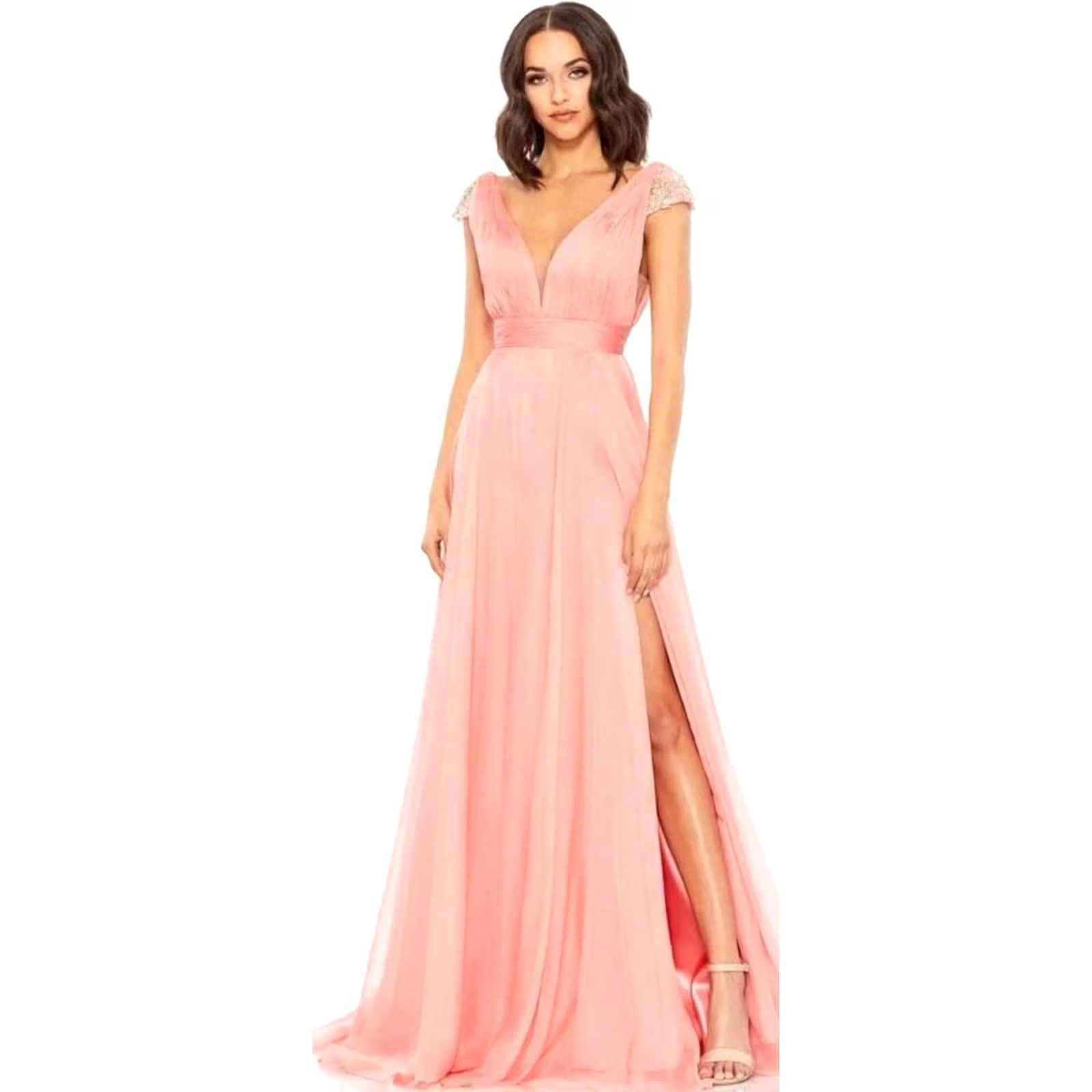 Mac Duggal Mac Duggal A-Line Gown NWT 67811 CHIFFON BEADED CAP SLEEVE Pink Coral 10 Women VINTAGE No Size ONE SIZE - 2 Thumbnail
