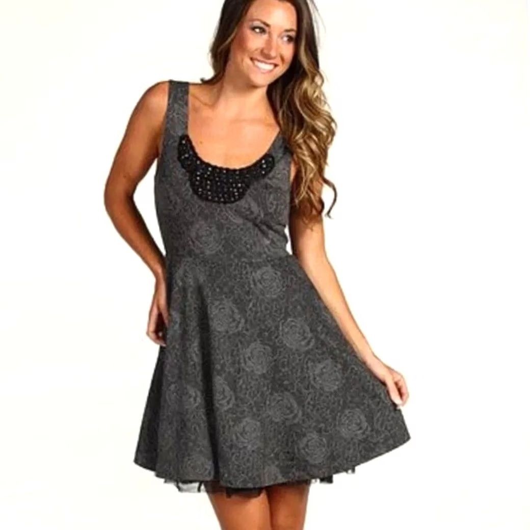 Free People Free People Womens Mini Dress XS Lace Beaded Floral Gray Black Sleeveless Fit Size XS / US 0-2 / IT 36-38 - 2 Thumbnail