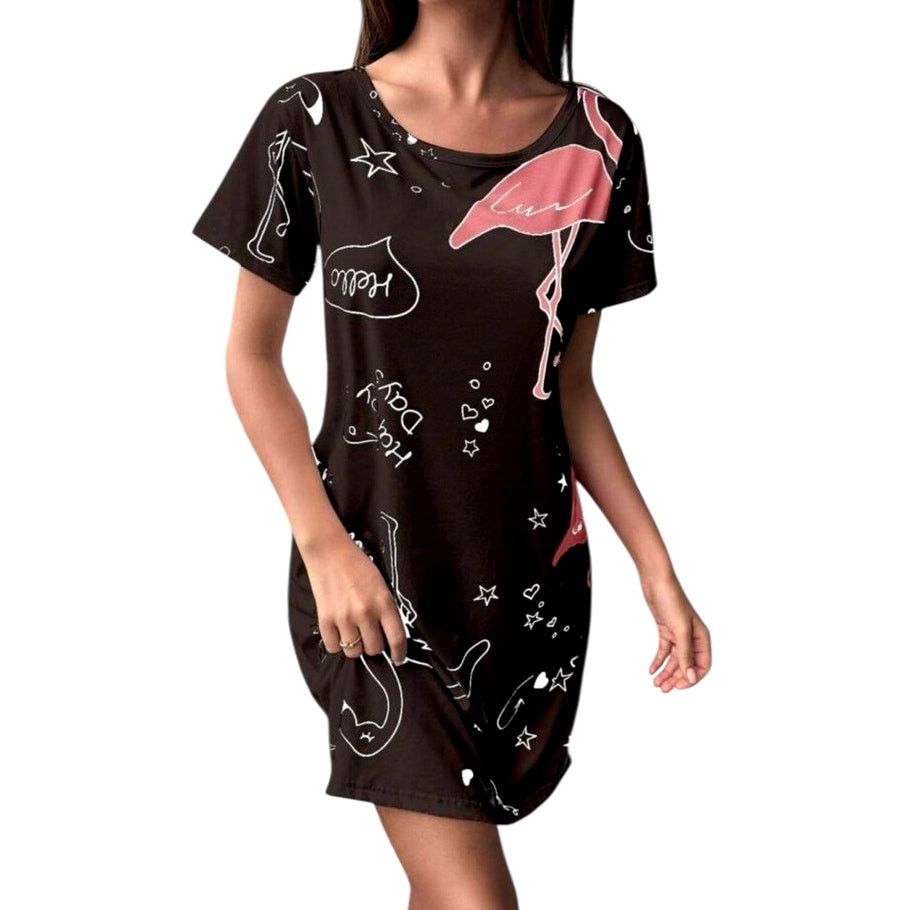 Shein Black Pink Flamingo Letter Print Short Sleeve Nightgown Size ONE SIZE - 1 Thumbnail