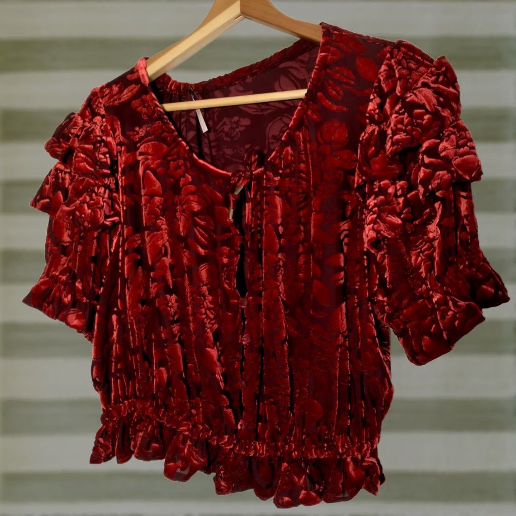 Free People Free People Shirt S Red Floral Velour Crop V-Neck Puff Sleeve Ruffle Velveteen Dream Blouse Size S / US 4 / IT 40 - 1 Thumbnail