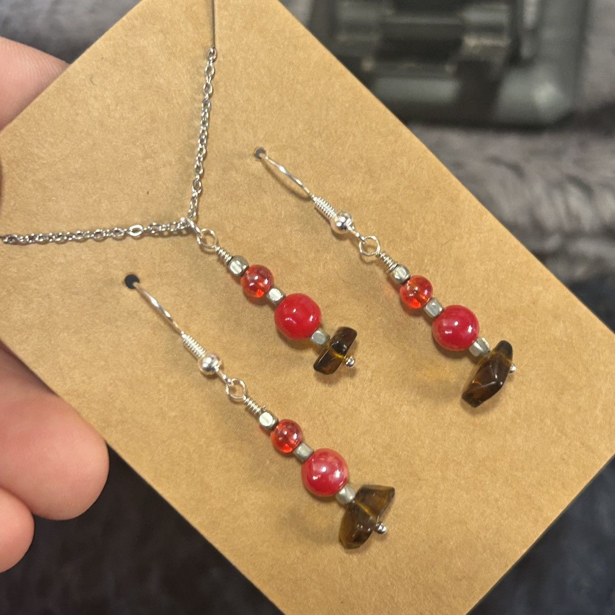 Handmade Handcrafted tigers eye art glass necklace and earring set Size ONE SIZE - 1 Thumbnail