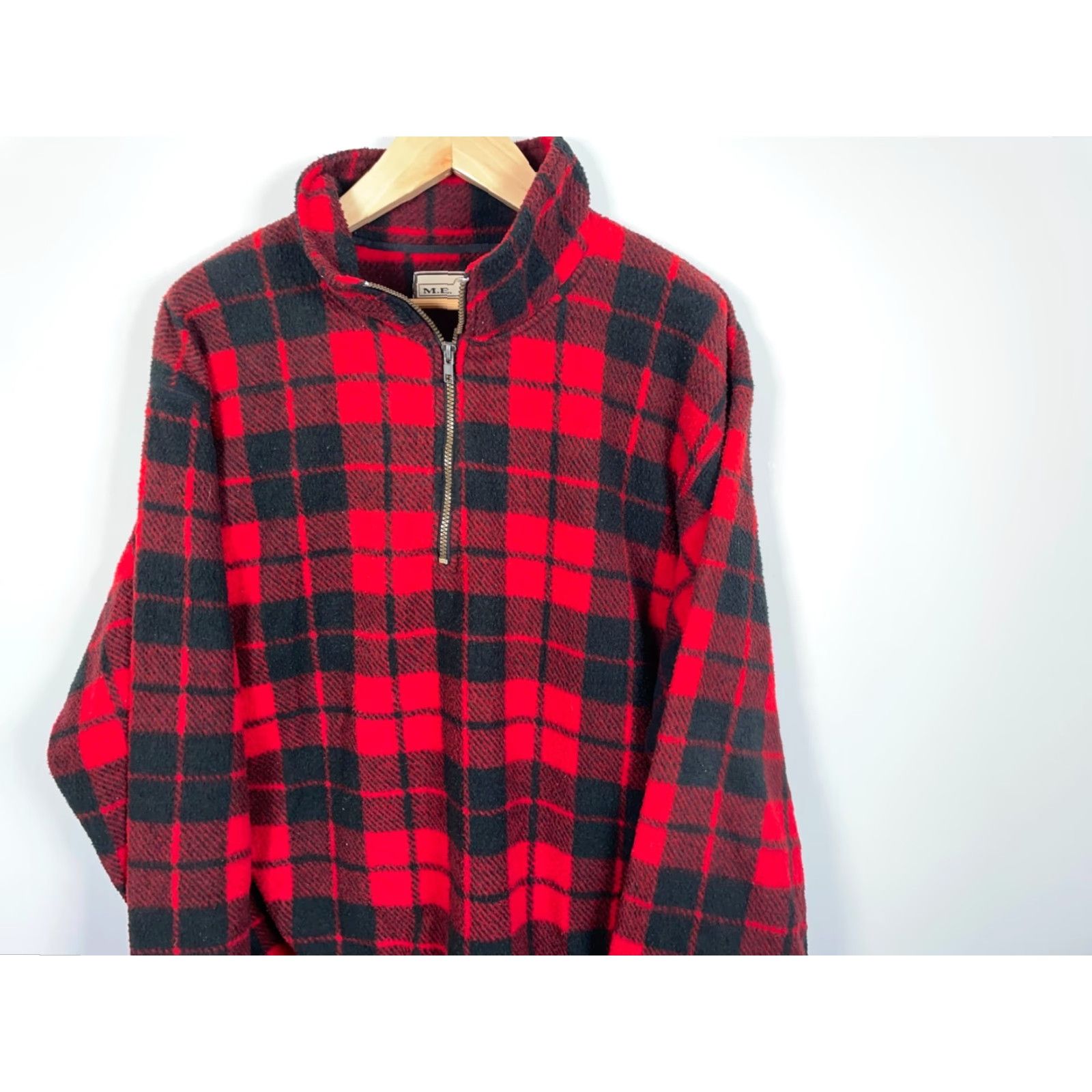 Vintage VINTAGE M.E. Sport 90s Deep Pile 1/4 Zip Fleece Pullover Jacket XL Men Red Black Plaid Relaxed Fit Size US XL / EU 56 / 4 - 4 Thumbnail