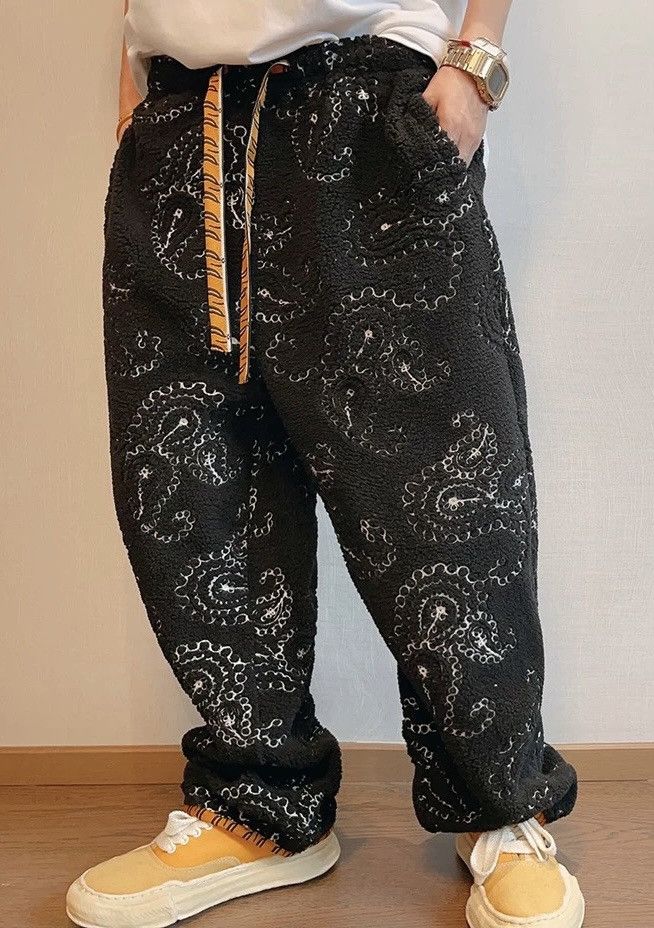 image of Vintage Avant Garde Retro Paisley Fleece Pants With Tiger Embroidery in Black, Men's (Size 30)