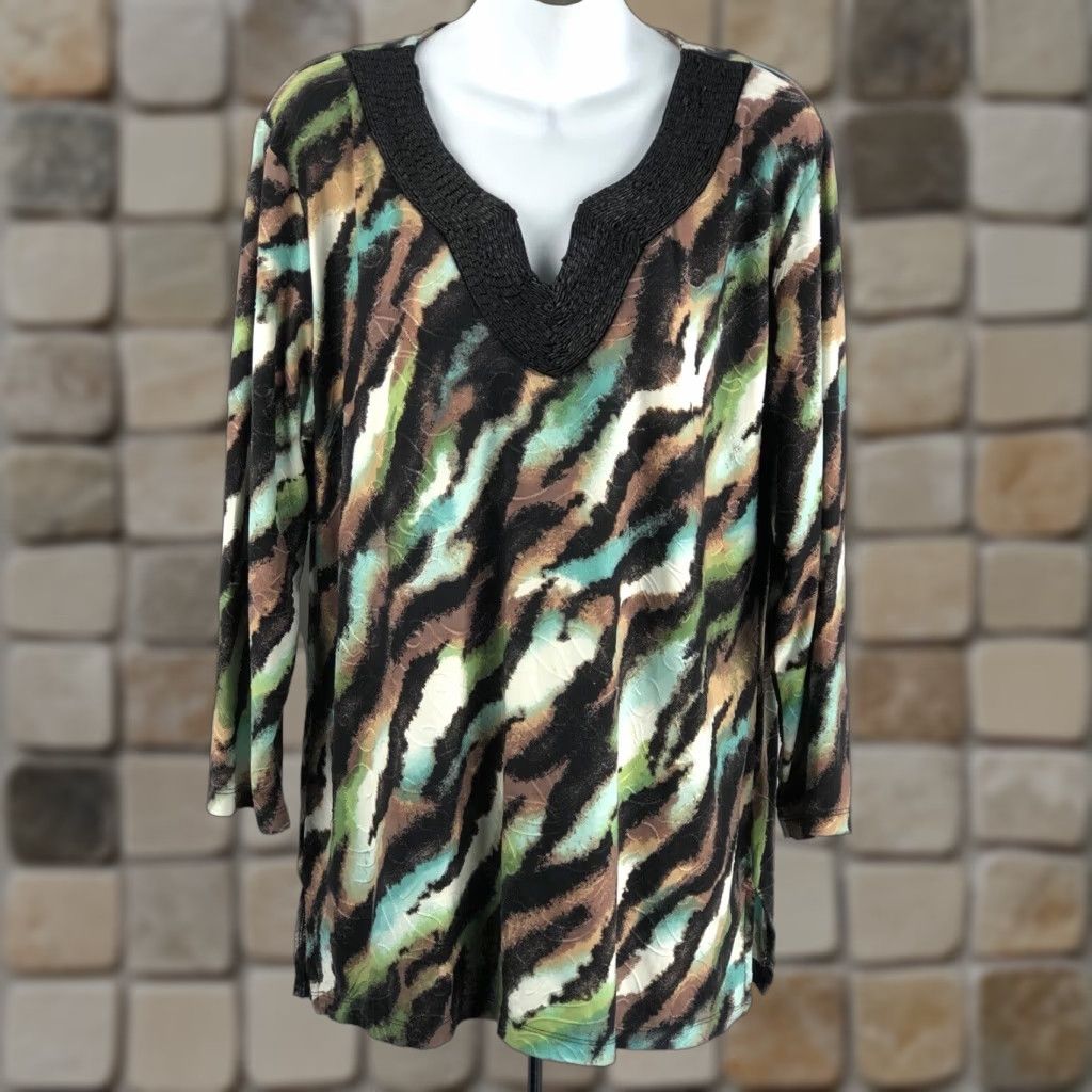 JM Collection JM Collection Geometric Tunic top XL Boho Beaded V-Neck 3/4 Sleeve Blouse Multicolor Women's Shirt Size XL / US 12-14 / IT 48-50 - 1 Thumbnail