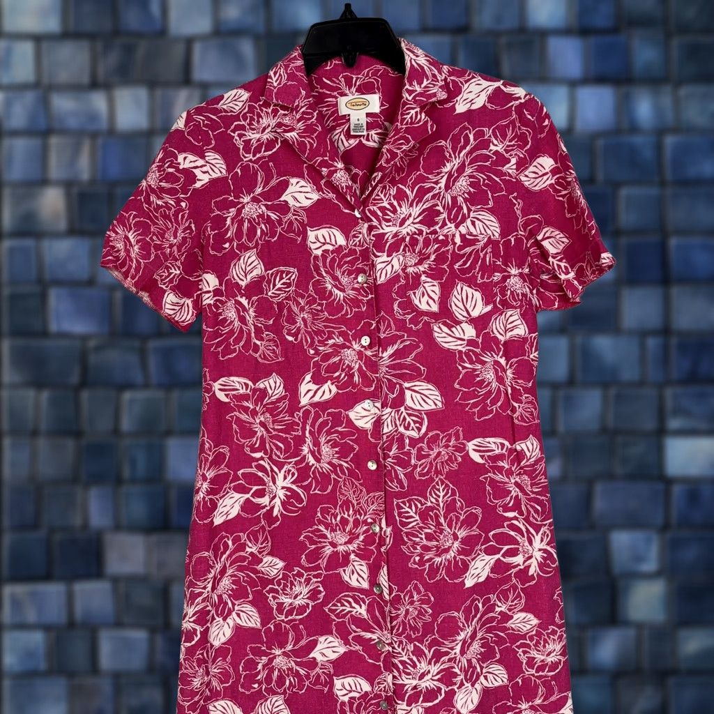 Talbots Talbots Dress Womens 6 Pink Floral Linen Resort Vacation Hawaiian Tropical Shirt Dress Casual Travel Size M / US 6-8 / IT 42-44 - 1 Thumbnail