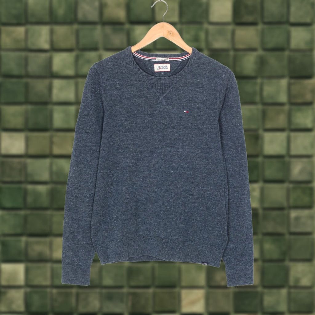 Tommy Hilfiger TOMMY HILFIGER DENIM Crew Neck Cotton Blend Jumper Sweater Men M Blue Knit Stretch Classic Logo Pullover Size US M / EU 48-50 / 2 - 1 Thumbnail
