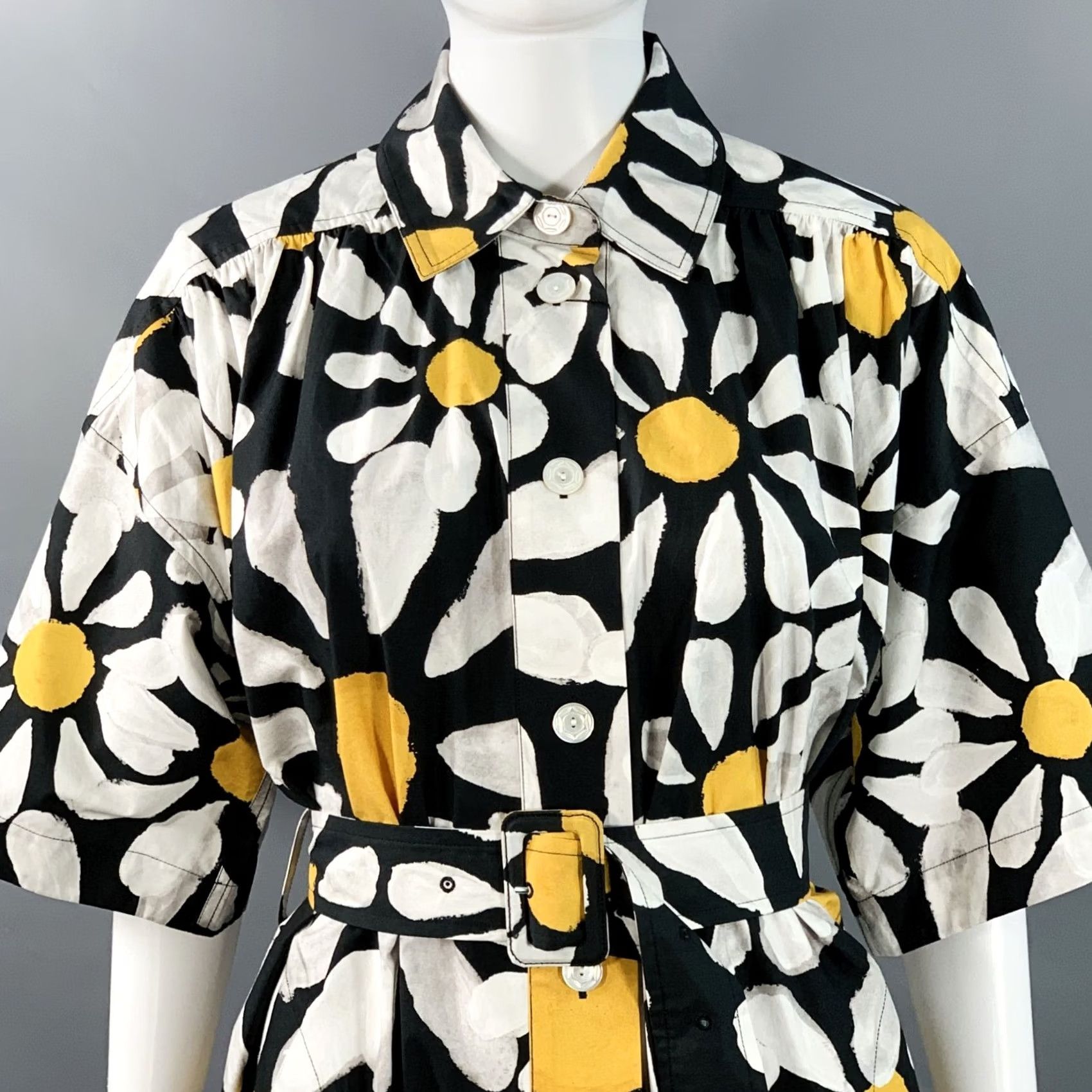 Marni MARNI Shirt dress Euphoria Poplin Floral Belted Mini Black White Yellow, Size 2, Cotton, Italy, Women Size XS / US 0-2 / IT 36-38 - 2 Thumbnail