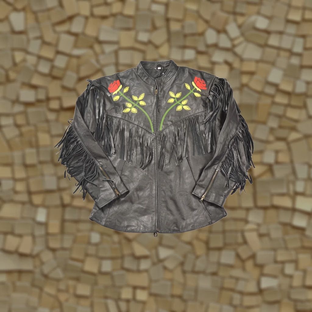 Vintage VINTAGE Fringed Biker Motorcycle Leather Jacket Roses Flowers Embroidery XL Women Jacket Black Painters? Size XL / US 12-14 / IT 48-50 - 1 Thumbnail
