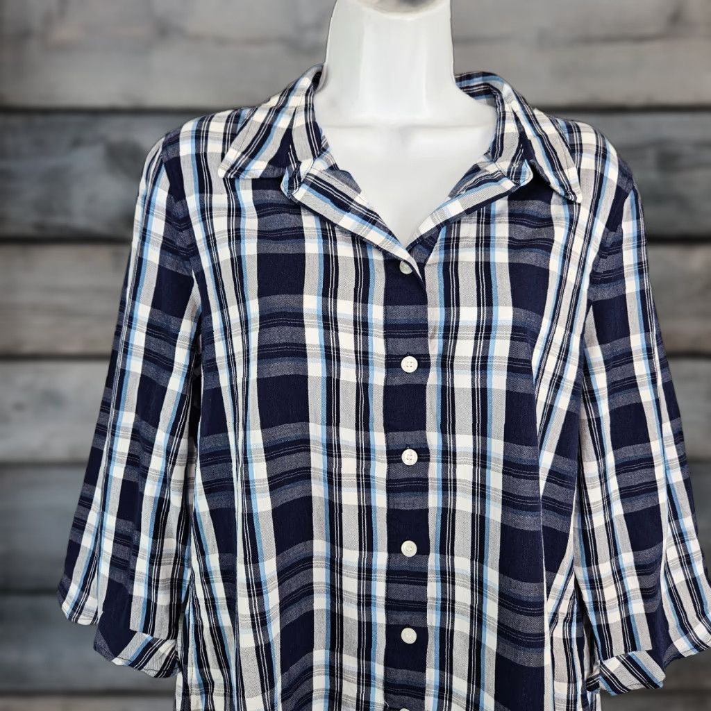Vintage Draper James Button-Up Top Womens 14 Blue White Plaid 3/4 Sleeve Cotton Blend Shirt Womens Size XL / US 12-14 / IT 48-50 - 1 Thumbnail