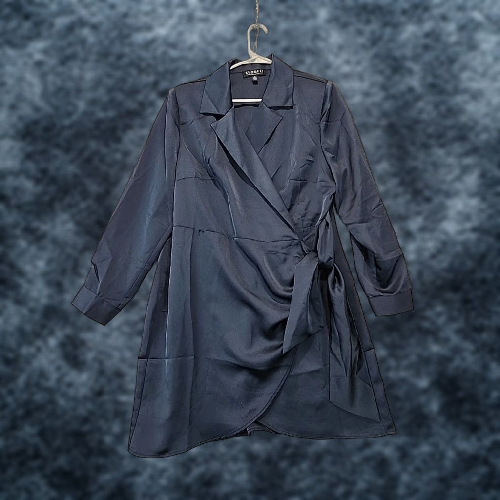 Vintage Eloquii Navy Blue Satin Collared Wrap Side Tie Knee Length Dress Women's Size 16