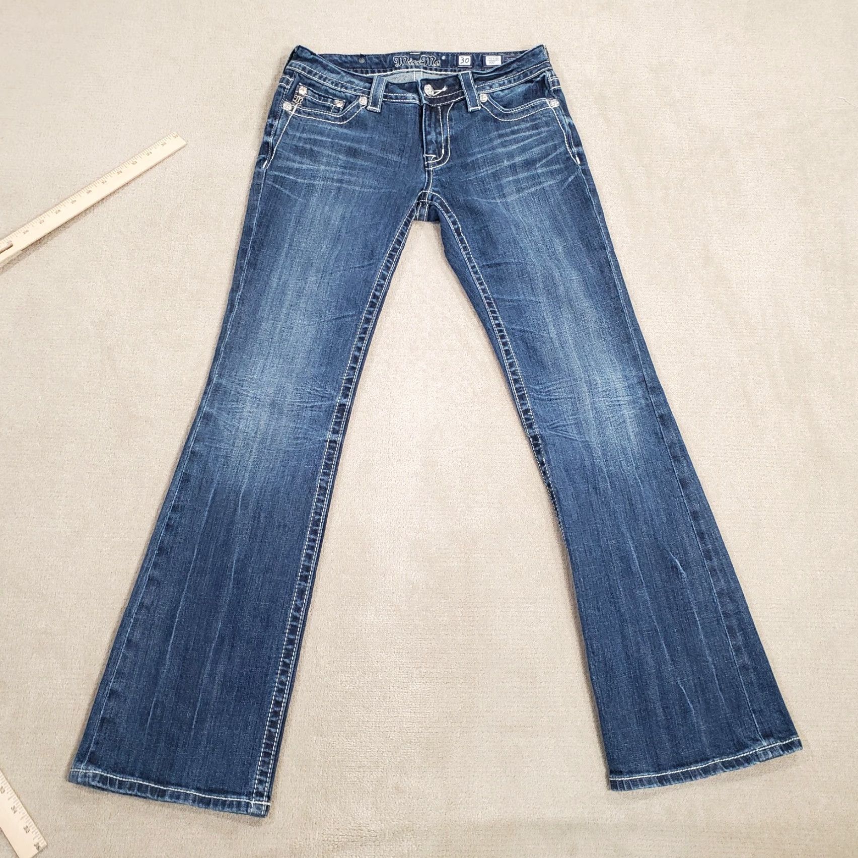 Miss Me VINTAGE Miss Me Jeans Womens 30 Boot Cut Blue Faded Dark Wash Rhinestones Fleur De Lis Jeans Womens 30 Blue Size 30" / US 8 / IT 44 - 5 Thumbnail