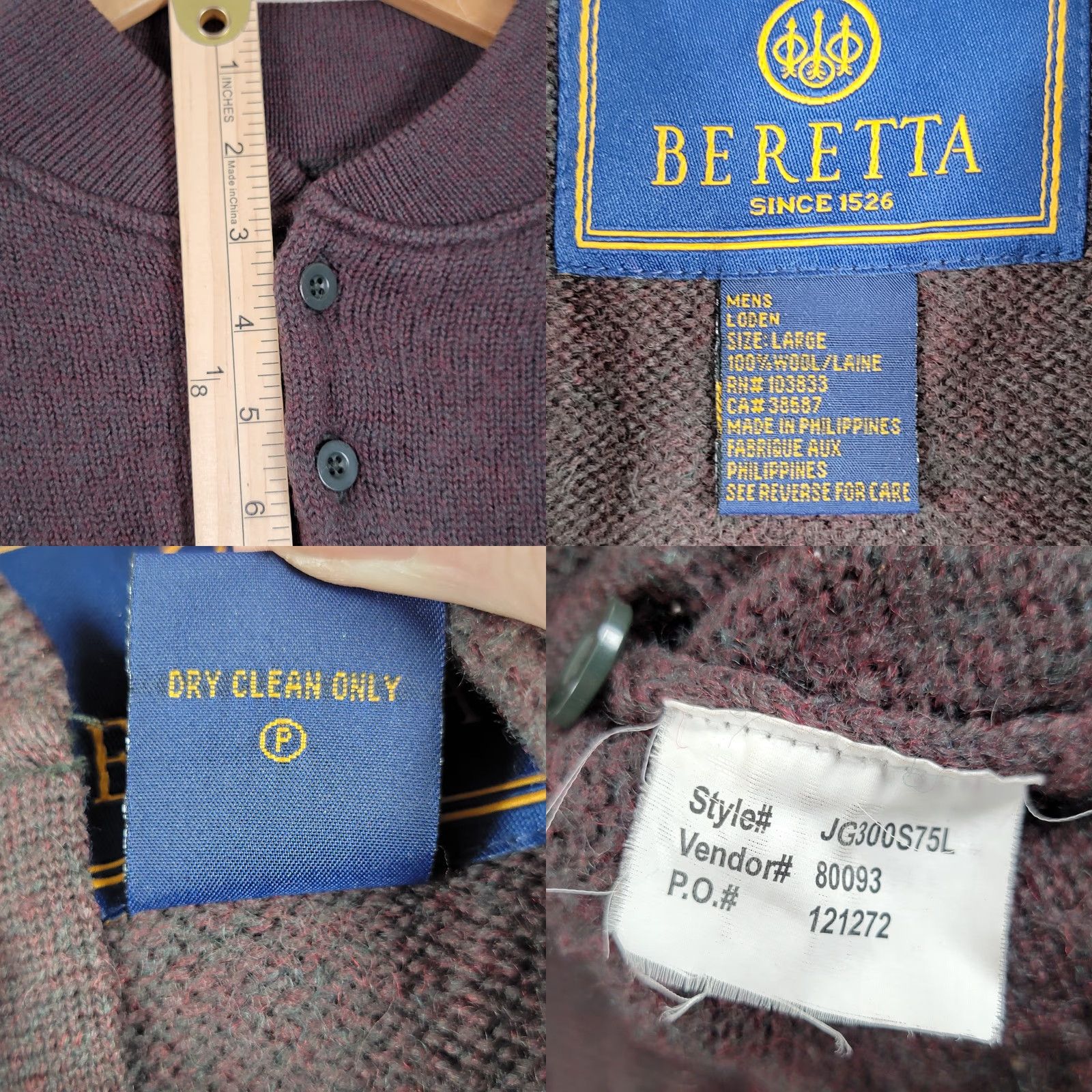 Vintage Beretta Sweater Mens Large Brown 1/4 Zip Lined Padded Shoulders Hunting Wool Polyester Knit Pullover Mock Neck Long Sleeve Size US L / EU 52-54 / 3 - 9 Thumbnail