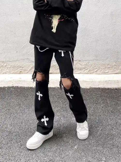 Japanese Brand × Jean Black ripped cross high street micro-flared jeans Size US 32 / EU 48 - 1 Thumbnail