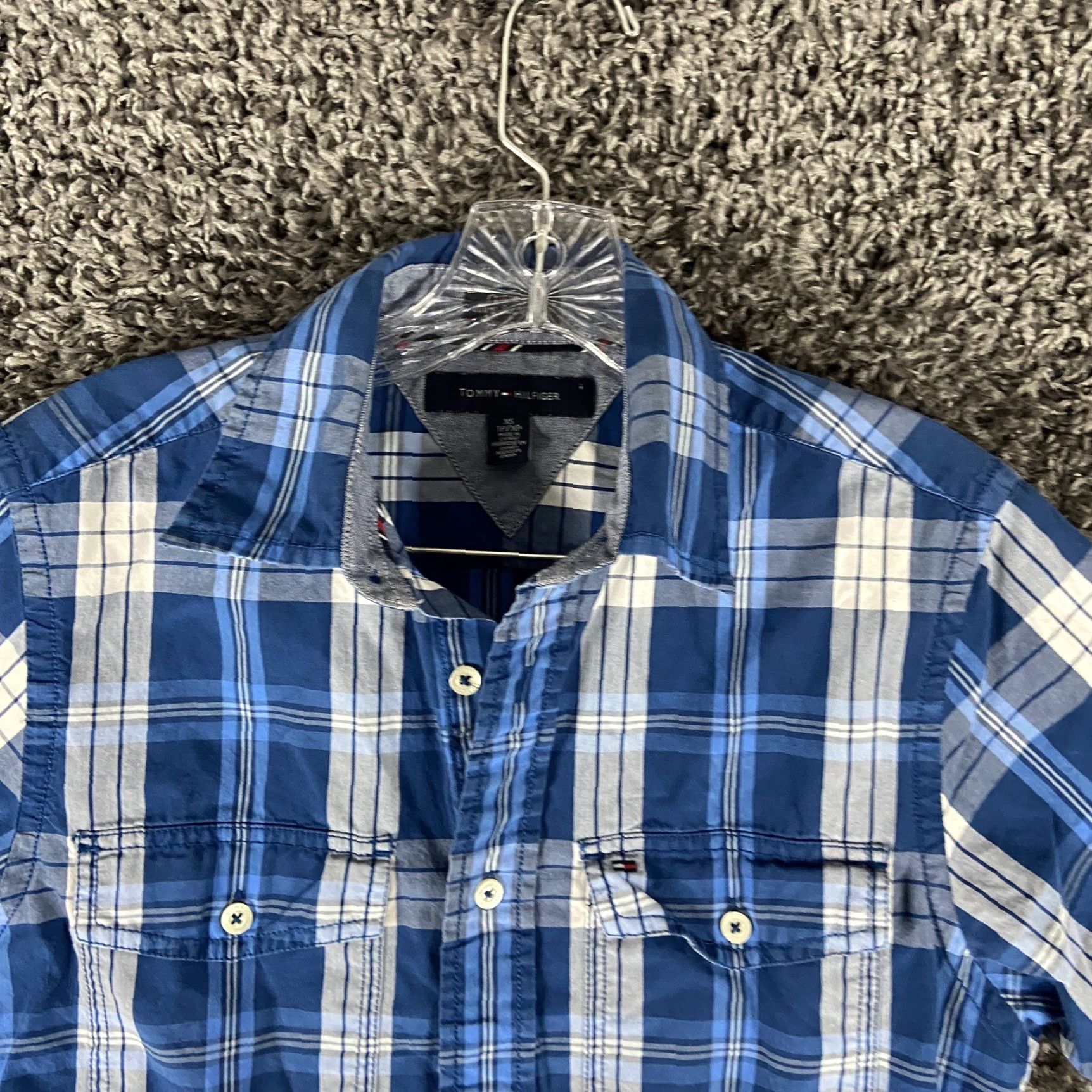 Tommy Hilfiger VINTAGE Tommy Hilfiger Button-Up Shirt Men XS Short Sleeve Plaid Blue Adults XS Men Size US 27 - 5 Thumbnail