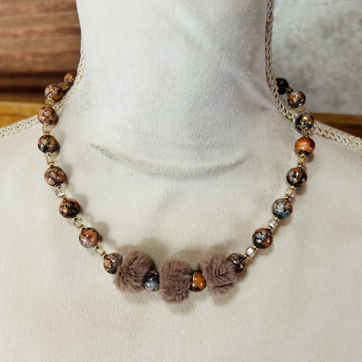 Handmade Handcrafted brown tone faux fur art glass bead necklace Size ONE SIZE - 2 Thumbnail