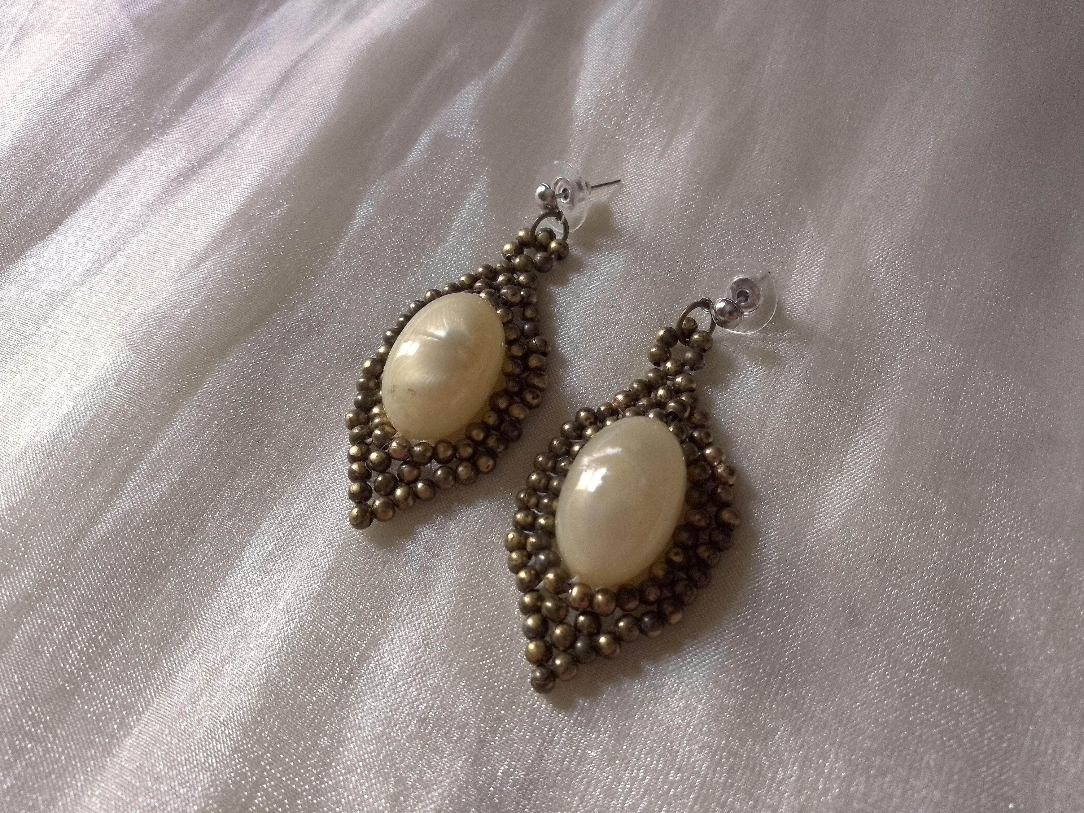 Handmade Earrings Vintage Elegant Antique Pearl and Brass Embroidered Size ONE SIZE - 3 Thumbnail