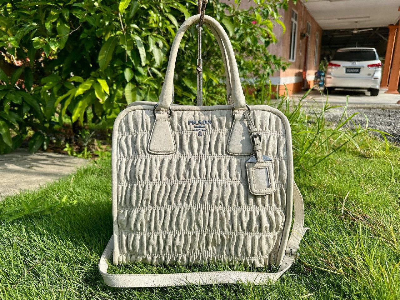 Prada Authentic Prada Nappa Gaufre Lambskin White Giacchio Tote Size ONE SIZE - 1 Thumbnail