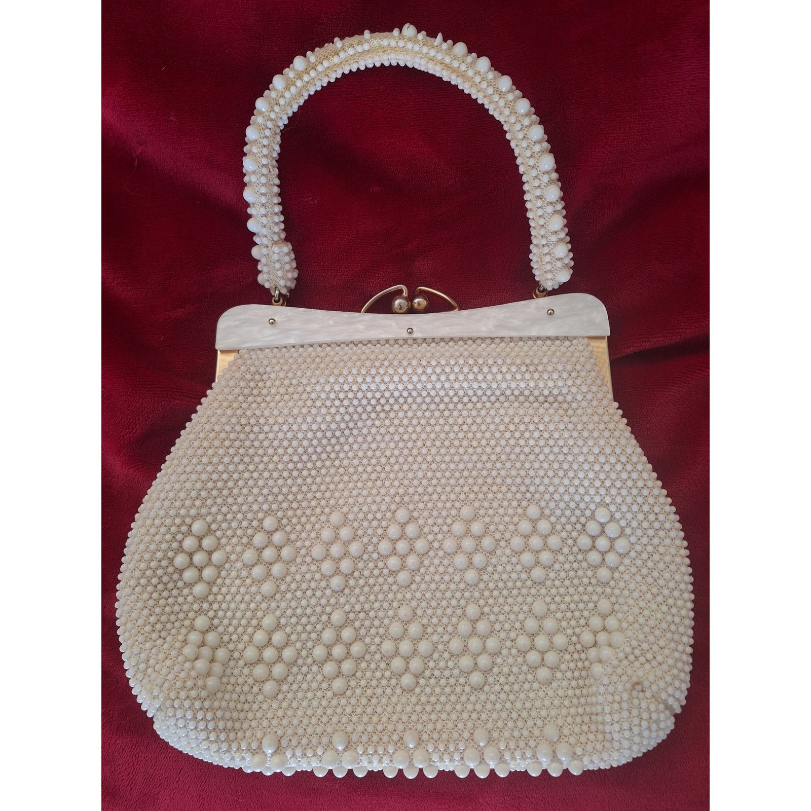 Vintage White Beaded Mid -Century Top Handle Beaded Bag, Women's