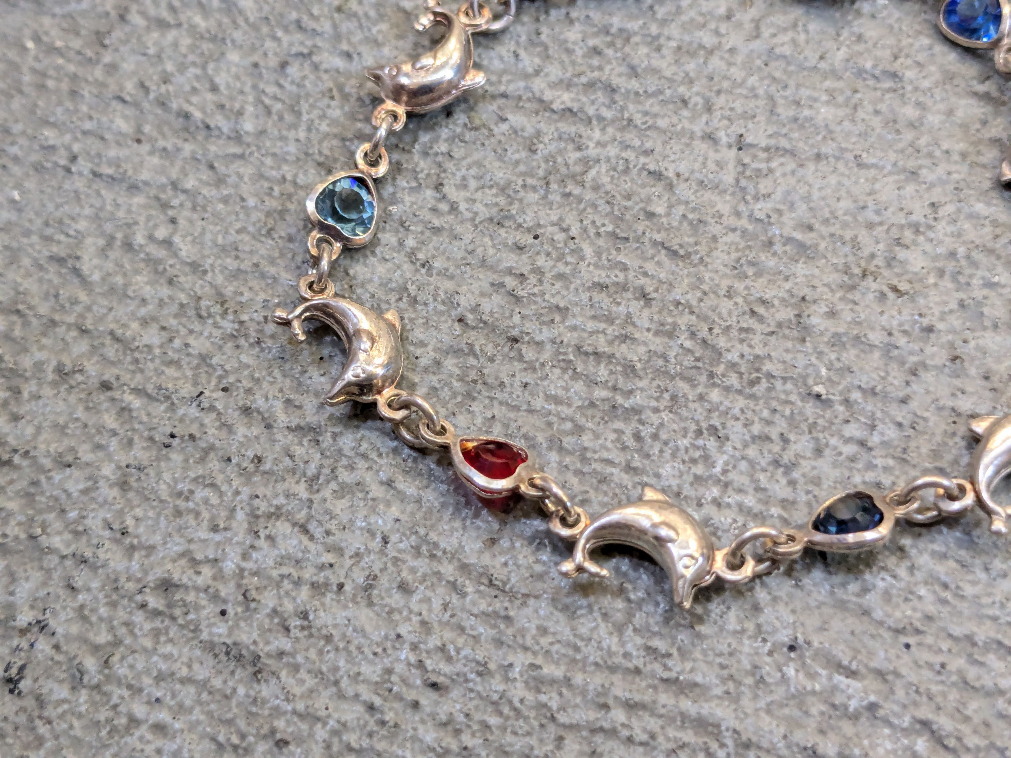 Jewelry Vintage Sterling Silver Bracelet 7.25" Heart Dolphin Rainbow Size ONE SIZE - 3 Thumbnail
