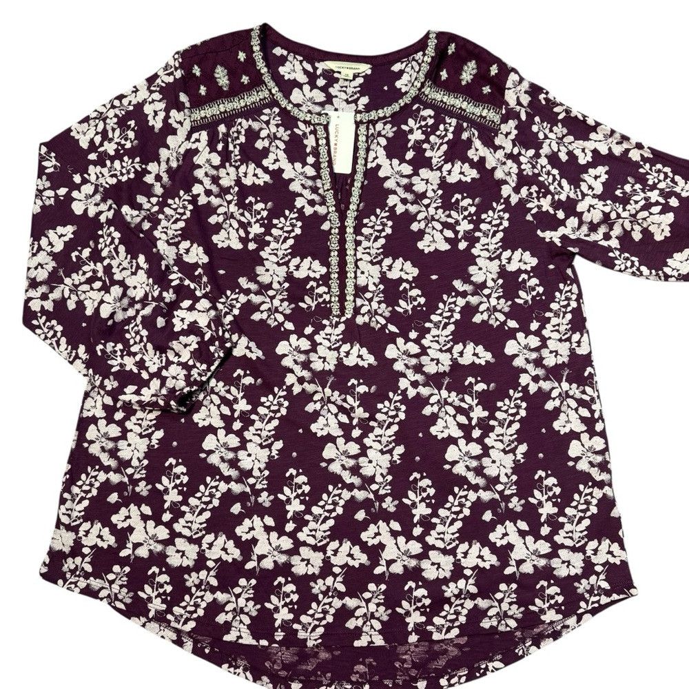Lucky Brand NWT New $70 Lucky Brand Split Neck Purple Floral Cotton Top Size XL / US 12-14 / IT 48-50 - 6 Thumbnail