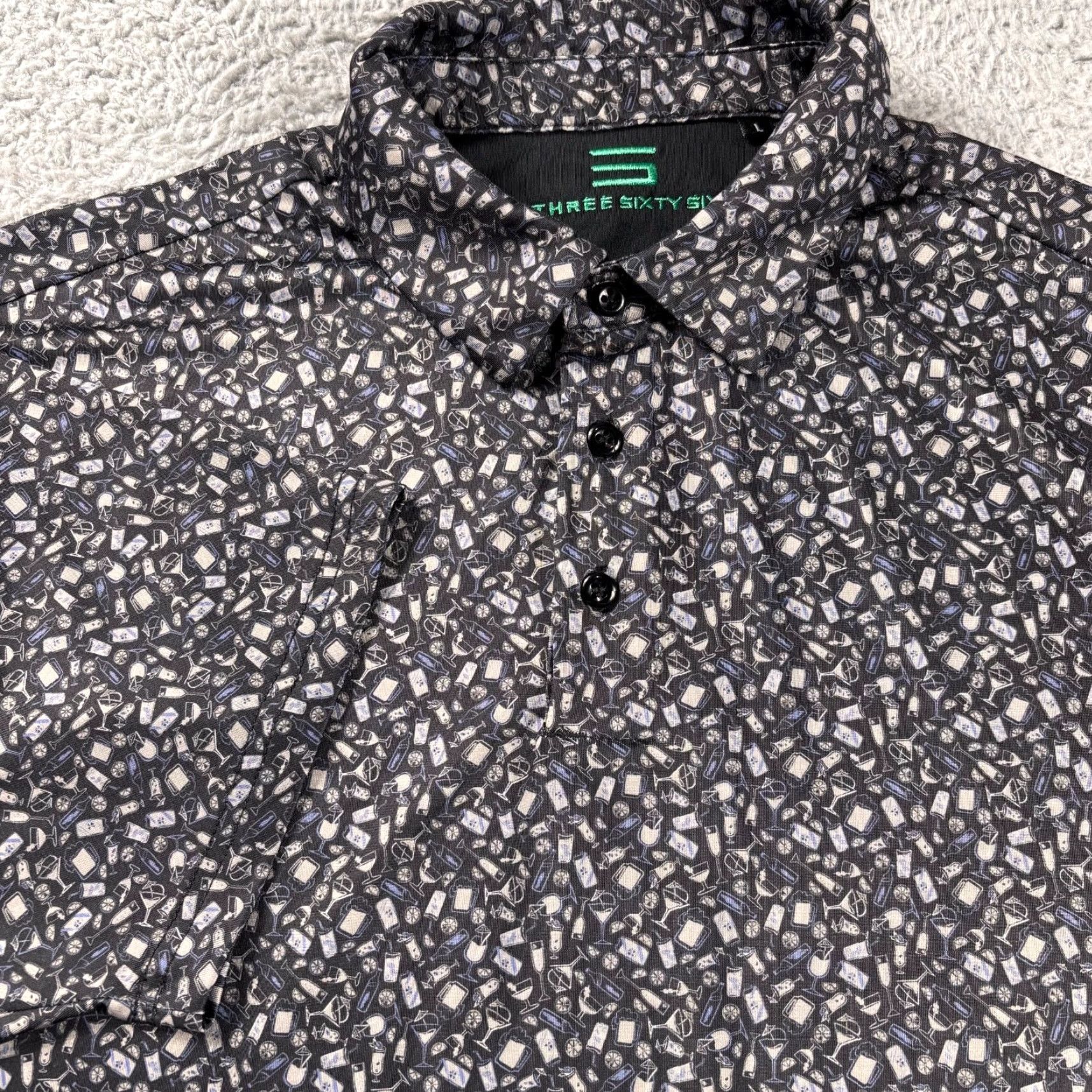 Vintage Mens Polo Shirt L Black Alll Over Print Stretch Golf Three Sixty Six Shirt Mens Short Sleeve Graphic Print Size US L / EU 52-54 / 3 - 2 Thumbnail