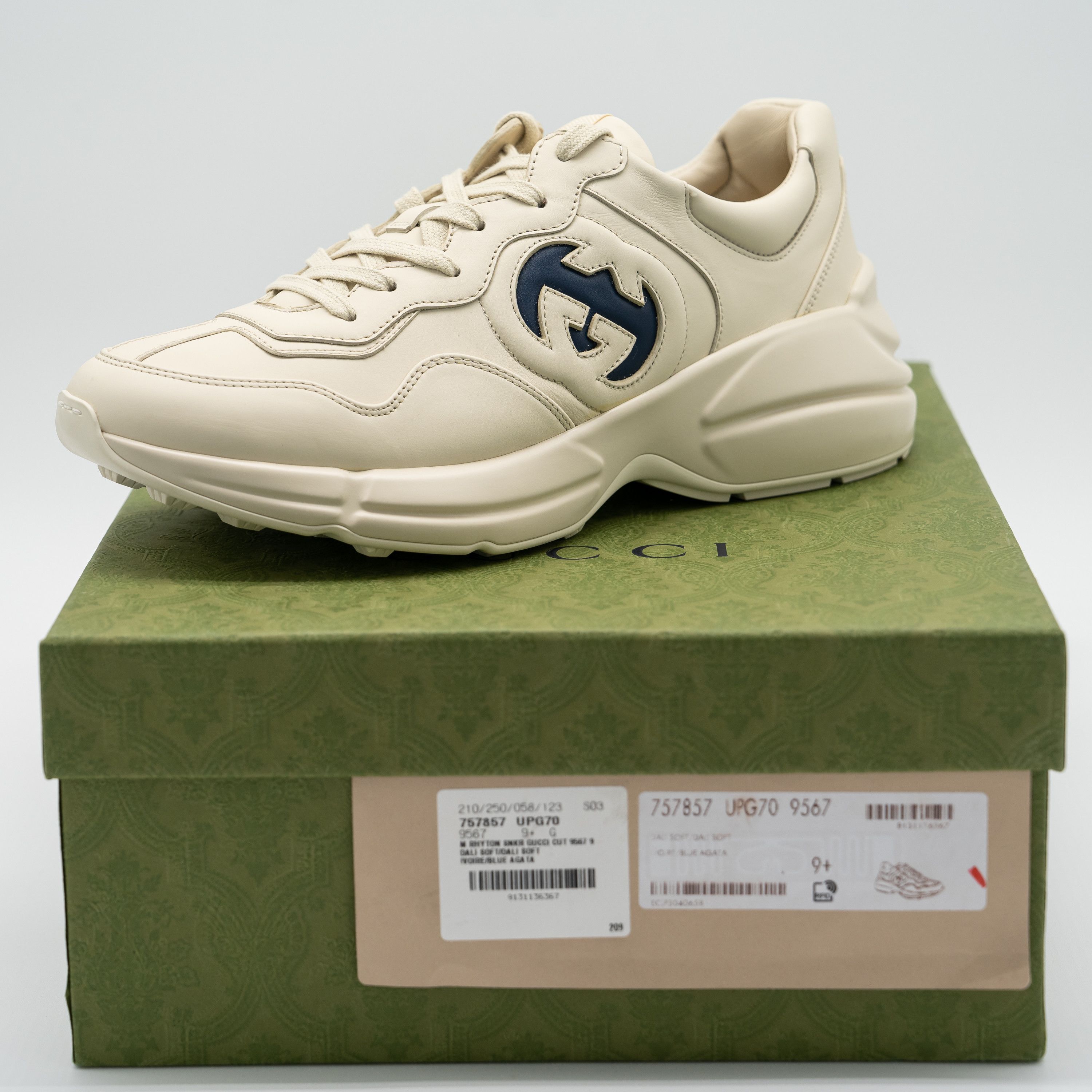Gucci Gucci Rhyton Ivory Blue GG Cut Out Logo Leather Sneakers Size US 10 / EU 43 - 11 Thumbnail