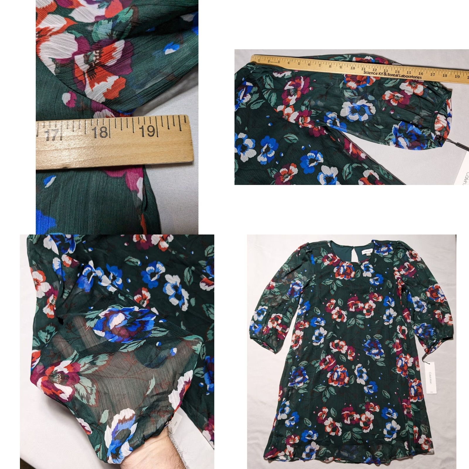 Calvin Klein VINTAGE CALVIN KLEIN Green Floral Balloon 3/4 Sleeve Chiffon Shift Dress Women 8 NEW Size M / US 6-8 / IT 42-44 - 9 Thumbnail