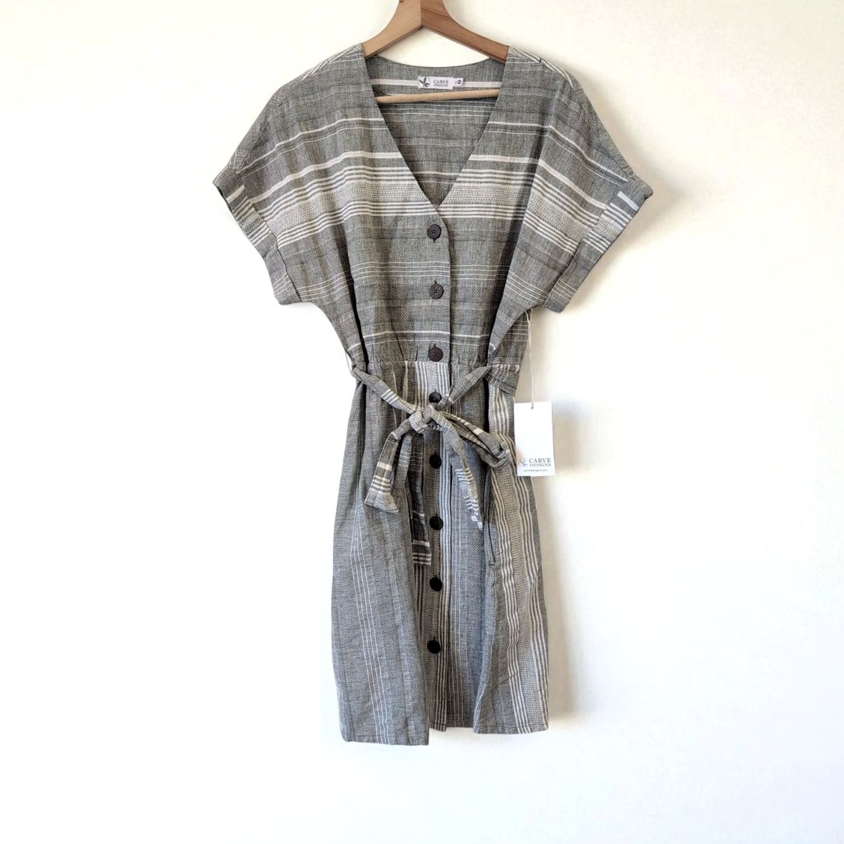 Vintage VINTAGE Carve Design Willow Dress XS Linen Blend Moss Stripe Gray Button Front NWT Size XS / US 0-2 / IT 36-38 - 3 Thumbnail