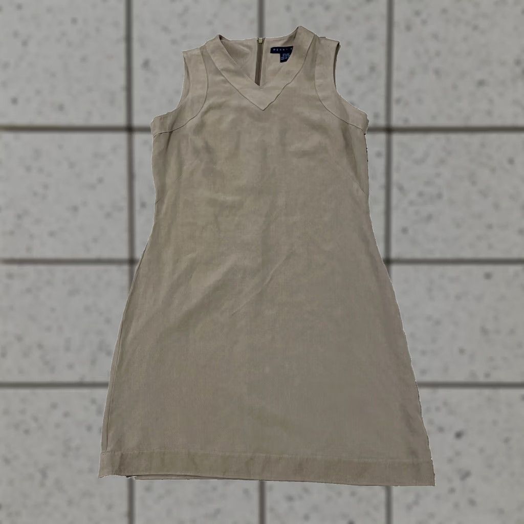Perry Ellis Perry Ellis Silk Shift Dress Mini Sleeveless V-Neck Brown Tan 8P Office Academia Womens Size M / US 6-8 / IT 42-44 - 1 Thumbnail